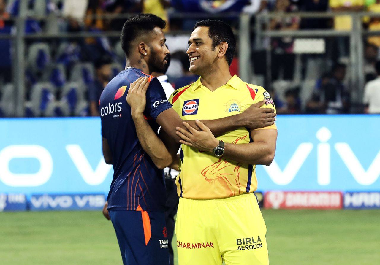 Hardik Pandya and MS Dhoni hug each other, Mumbai Indians v Chennai Super Kings, IPL 2019, Mumbai, April 3, 2019