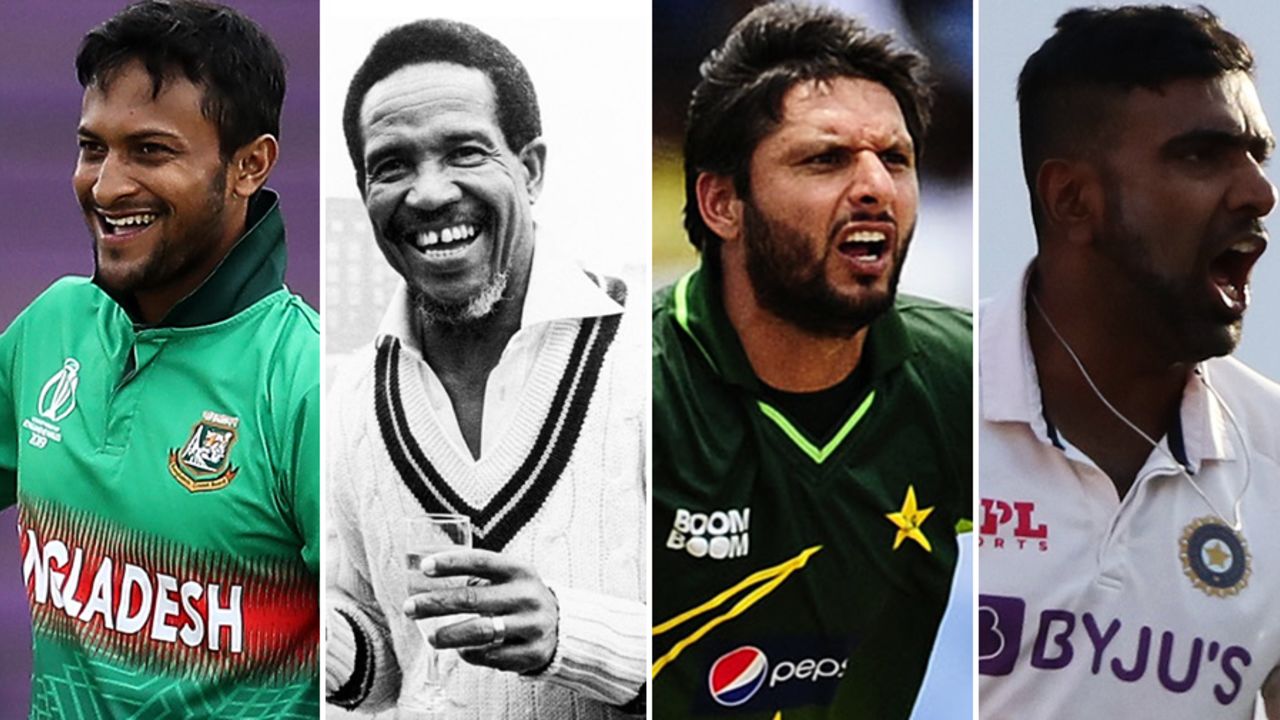 Composite: Shakib Al Hasan, Garry Sobers, Shahid Afridi and R Ashwin