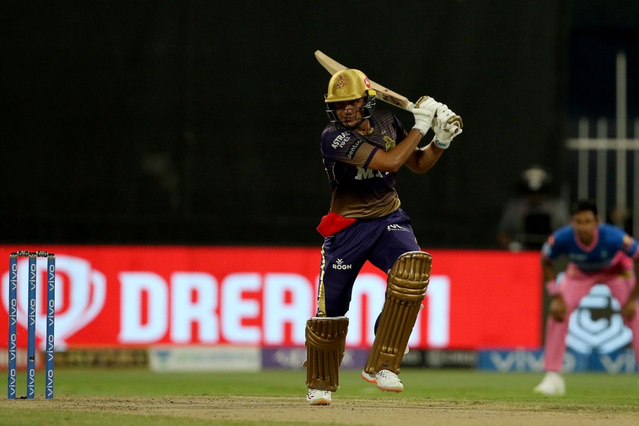 Shubman Gill punches one through the covers, Kolkata Knight Riders vs Rajasthan Royals, IPL 2021, Sharjah, October 7, 2021