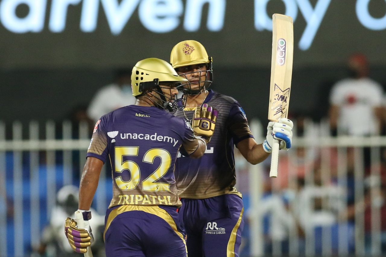 Shubman Gill celebrates his fifty with Rahul Tripathi, Kolkata Knight Riders vs Rajasthan Royals, IPL 2021, Sharjah, October 7, 2021
