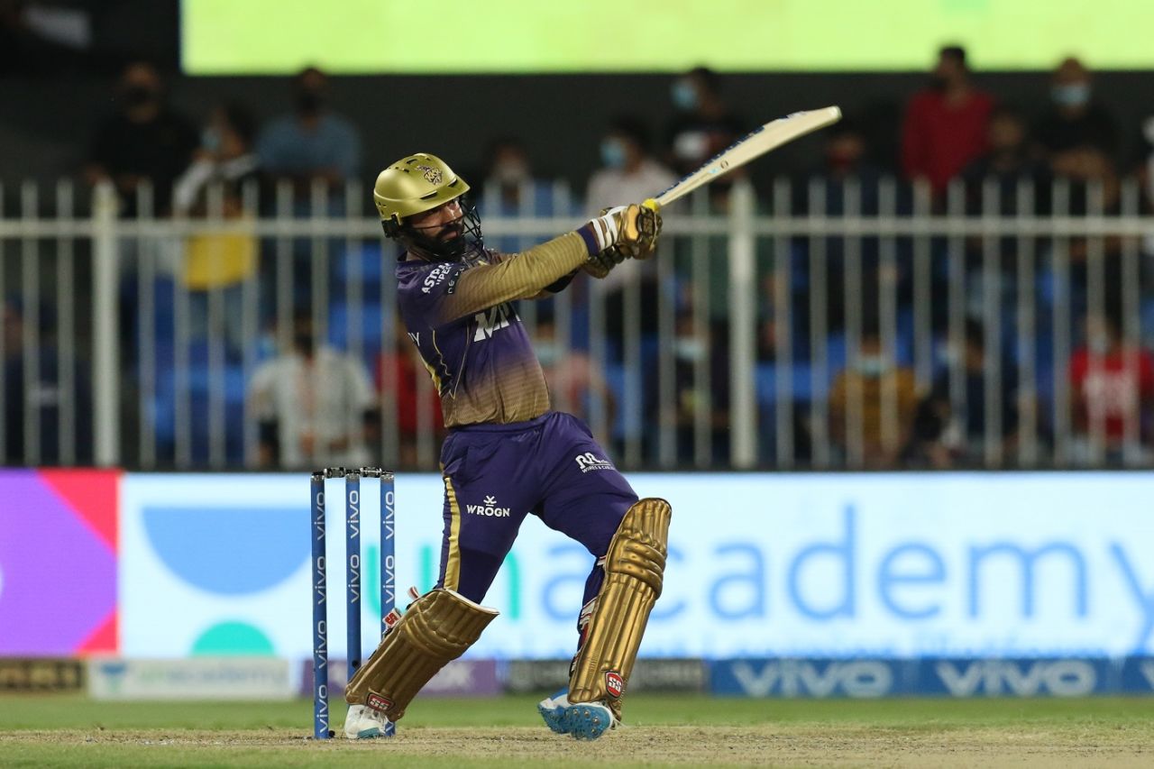 Dinesh Karthik whacks a six over the leg side, Kolkata Knight Riders vs Rajasthan Royals, IPL 2021, Sharjah, October 7, 2021