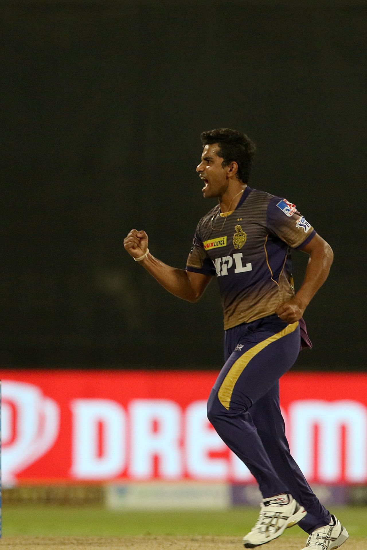 Shivam Mavi is pumped up after bowling Shivam Dube, Kolkata Knight Riders vs Rajasthan Royals, IPL 2021, Sharjah, October 7, 2021