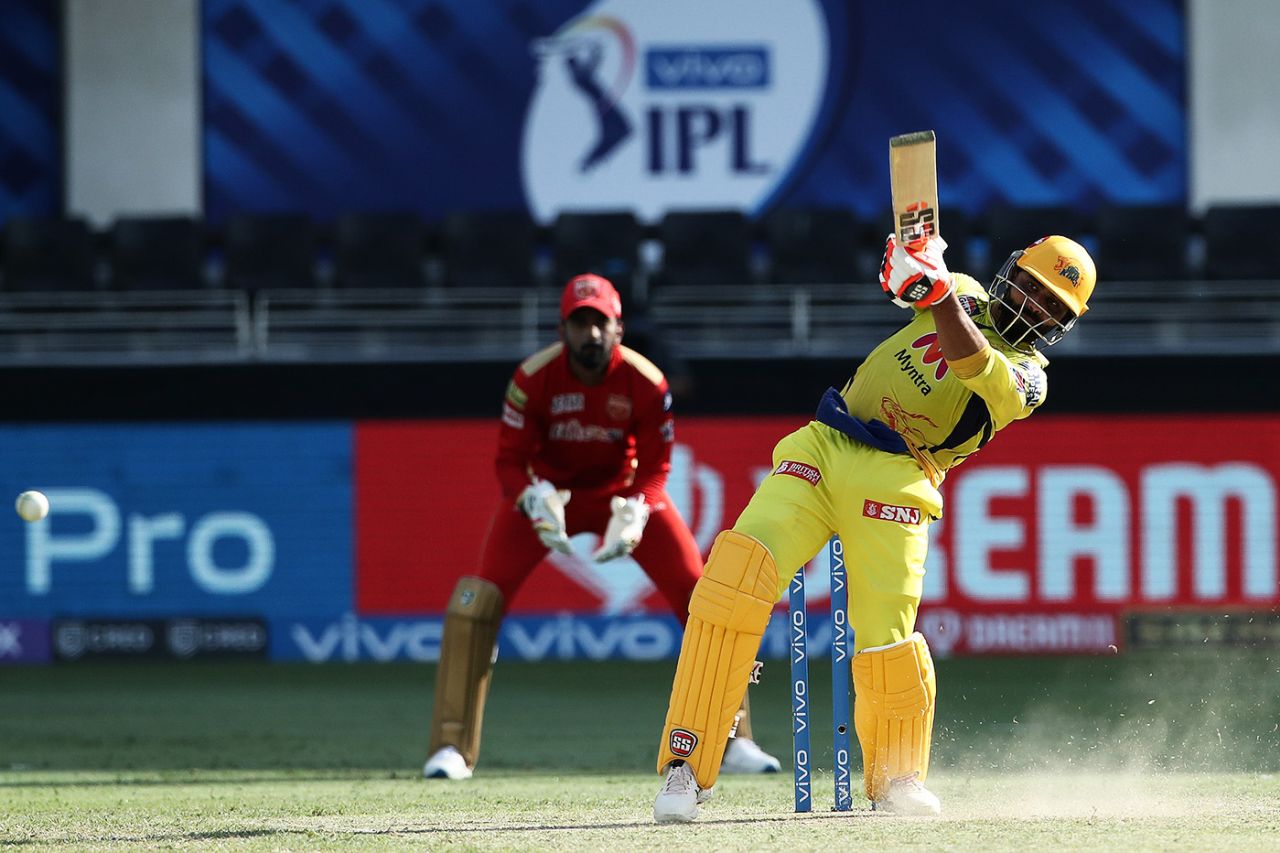 Ravindra Jadeja plays a shot to the leg side, Chennai Super Kings vs Punjab Kings, IPL 2021, Dubai, October 7, 2021