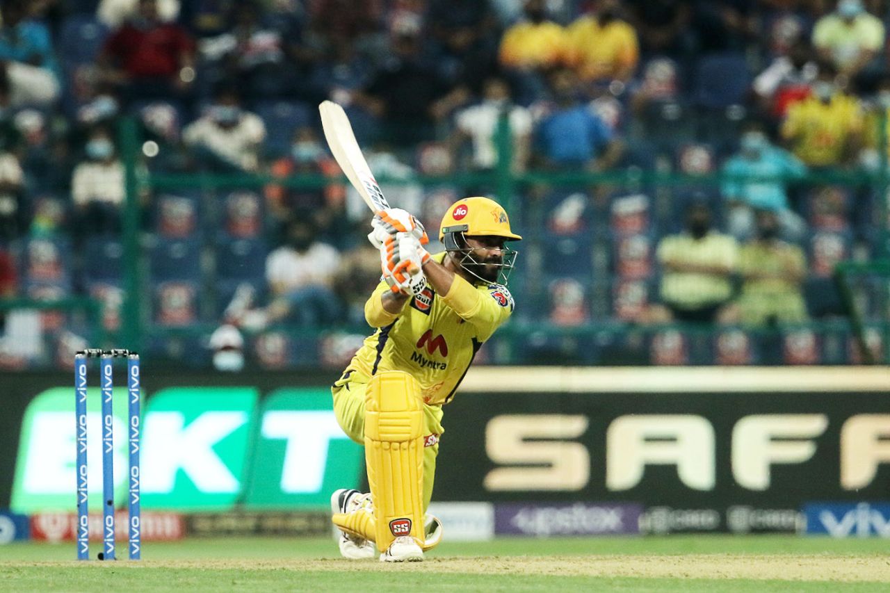 Ravindra Jadeja drives, Chennai Super Kings vs Rajasthan Royals, IPL 2021, Abu Dhabi, October 2, 2021