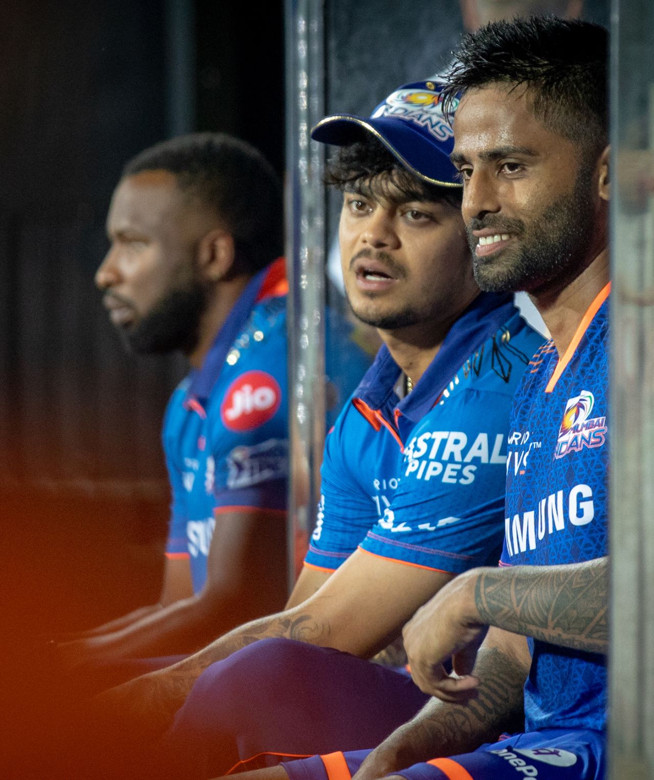 Surya Kumar Yadav and Ishan Kishan wait in the dugout, Chennai, April 13, 2021.