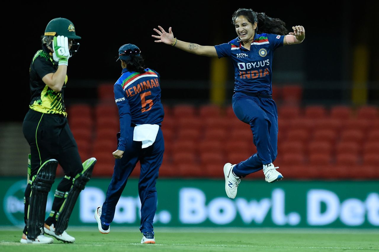 Renuka Singh celebrates her first wicket, Australia vs India, 3rd Women's T20I, Metricon Stadium, October 10, 2021