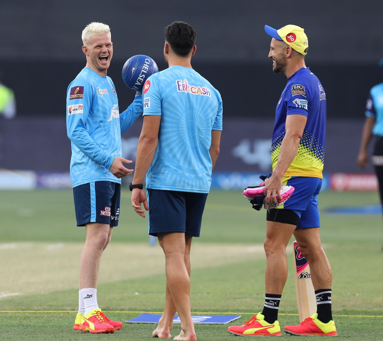 Sam Billings, Marcus Stoinis and Faf du Plessis share a laugh, Delhi Capitals vs Chennai Super Kings, IPL 2021 Qualifier 1, Dubai, October 10, 2021