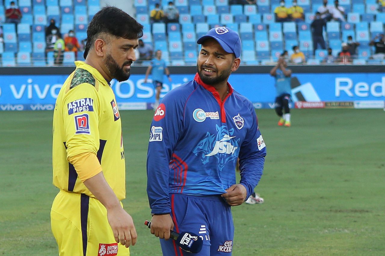 MS Dhoni and Rishabh Pant at the toss, Delhi Capitals vs Chennai Super Kings, IPL 2021 Qualifier 1, Dubai, October 10, 2021