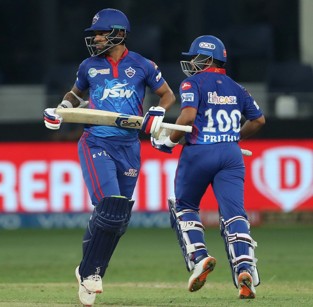 Shikhar Dhawan and Prithvi Shaw go across for a single, Delhi Capitals vs Chennai Super Kings, IPL 2021 Qualifier 1, Dubai, October 10, 2021