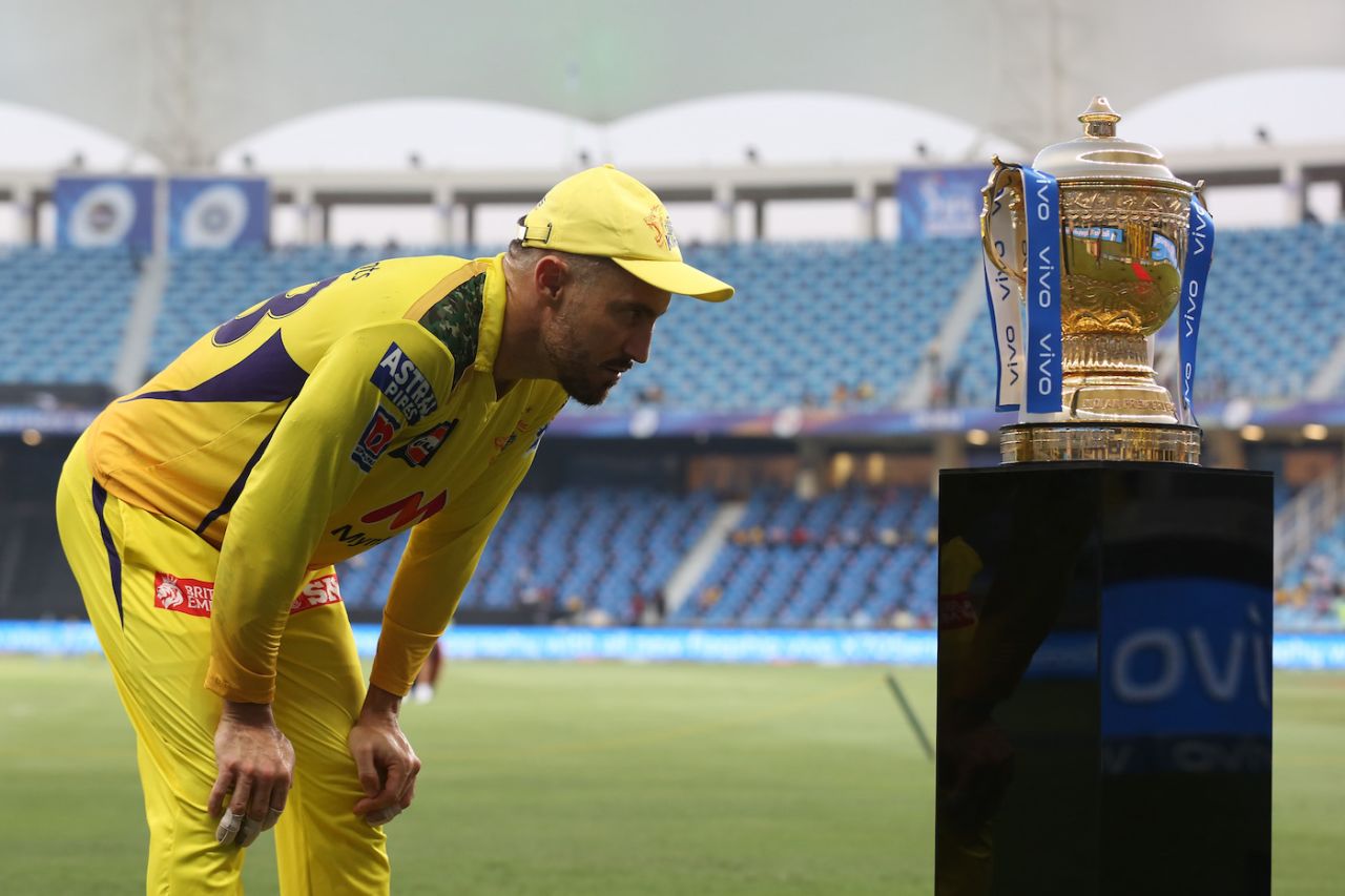 Faf du Plessis takes a close look at the IPL trophy, Delhi Capitals vs Chennai Super Kings, IPL 2021 Qualifier 1, Dubai, October 10, 2021