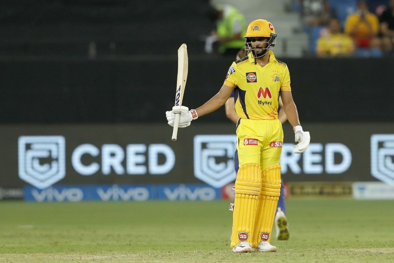 Ruturaj Gaikwad celebrates his half-century, Delhi Capitals vs Chennai Super Kings, IPL 2021 Qualifier 1, Dubai, October 10, 2021