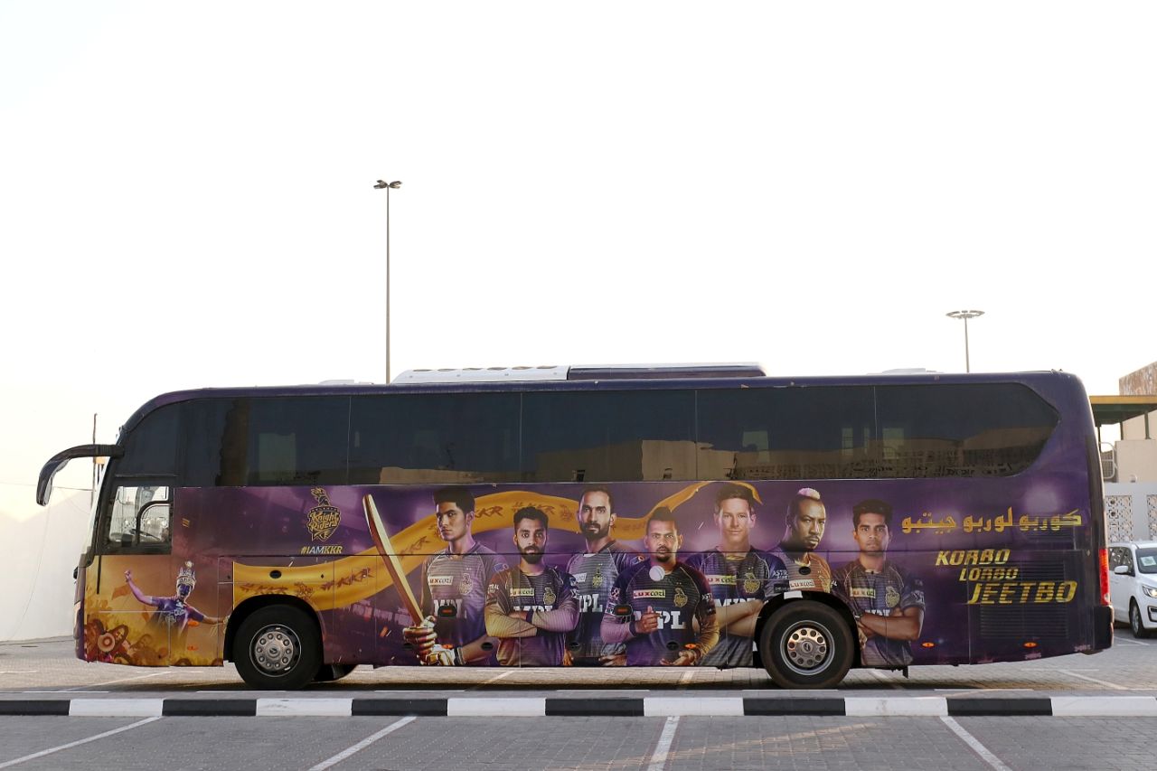 The Kolkata Knight Riders team bus, Kolkata Knight Riders vs Royal Challengers Bangalore, IPL 2021, Eliminator, Sharjah, October 11, 2021
