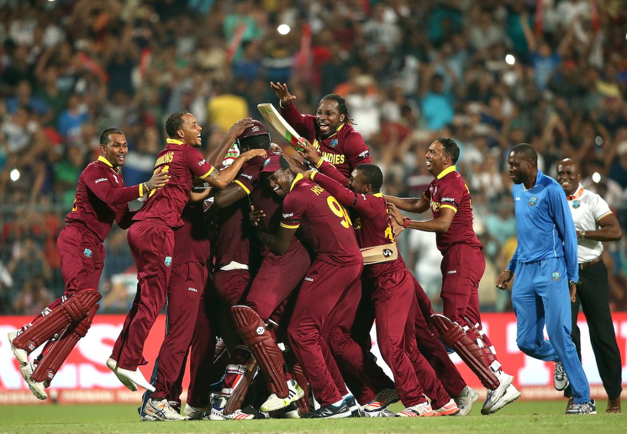 Carlos Brathwaite is mobbed by his team-mates, England v West Indies, World T20, final, Kolkata, April 3, 2016