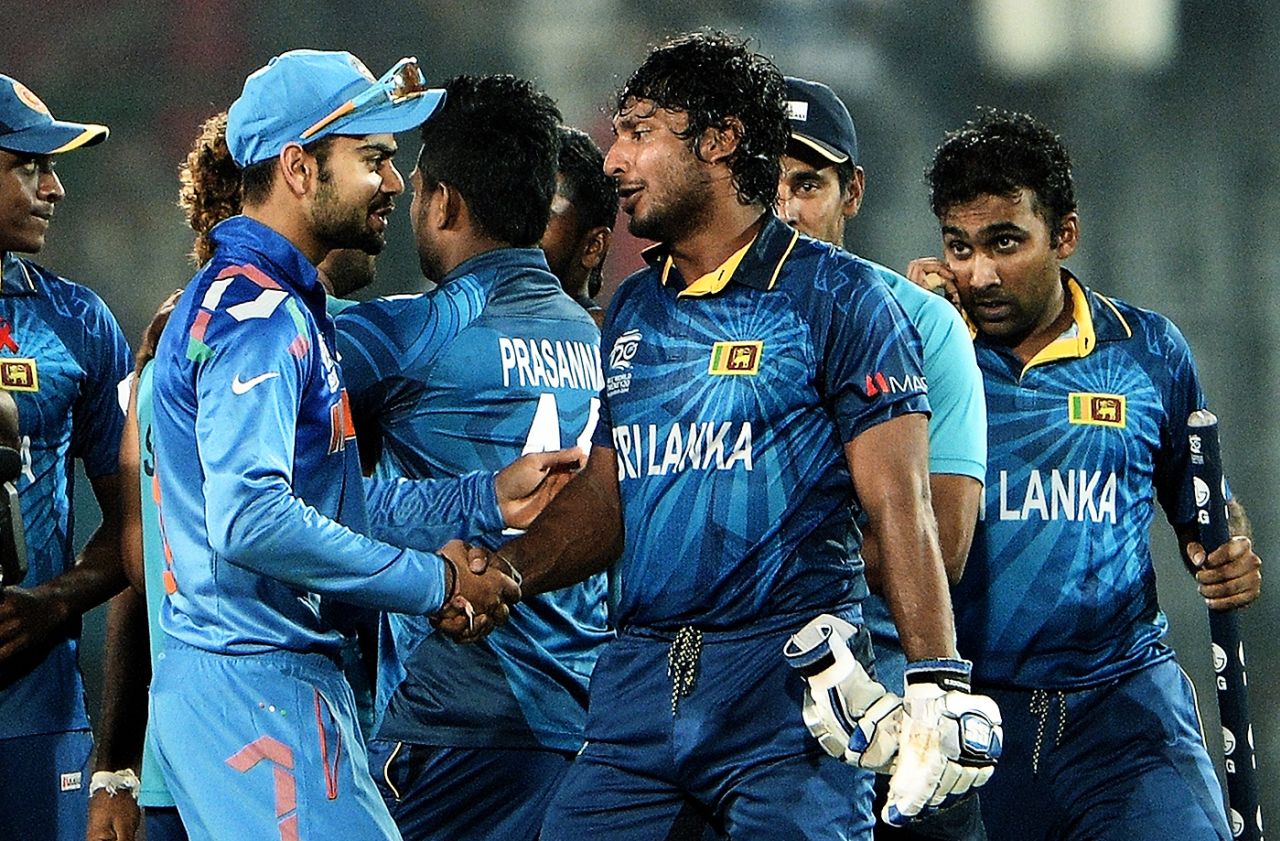 Virat Kohli congratulates Kumar Sangakkara on the title win, Sri Lanka v India, World T20 final, Mirpur, April 6, 2014