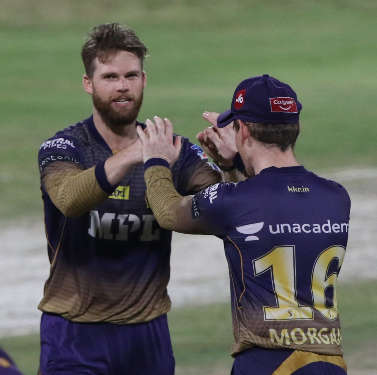 Lockie Ferguson and Eoin Morgan celebrate the wicket of Rishabh Pant, Delhi Capitals vs Kolkata Knight Riders, IPL 2021 Qualifier 2, Sharjah, October 13, 2021