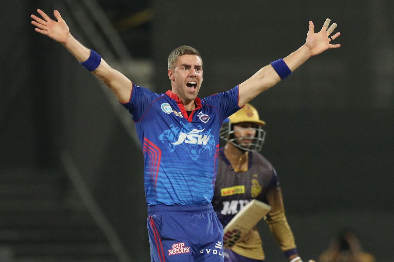 Anrich Nortje belts out an appeal against Venkatesh Iyer, Delhi Capitals vs Kolkata Knight Riders, IPL 2021 Qualifier 2, Sharjah, October 13, 2021