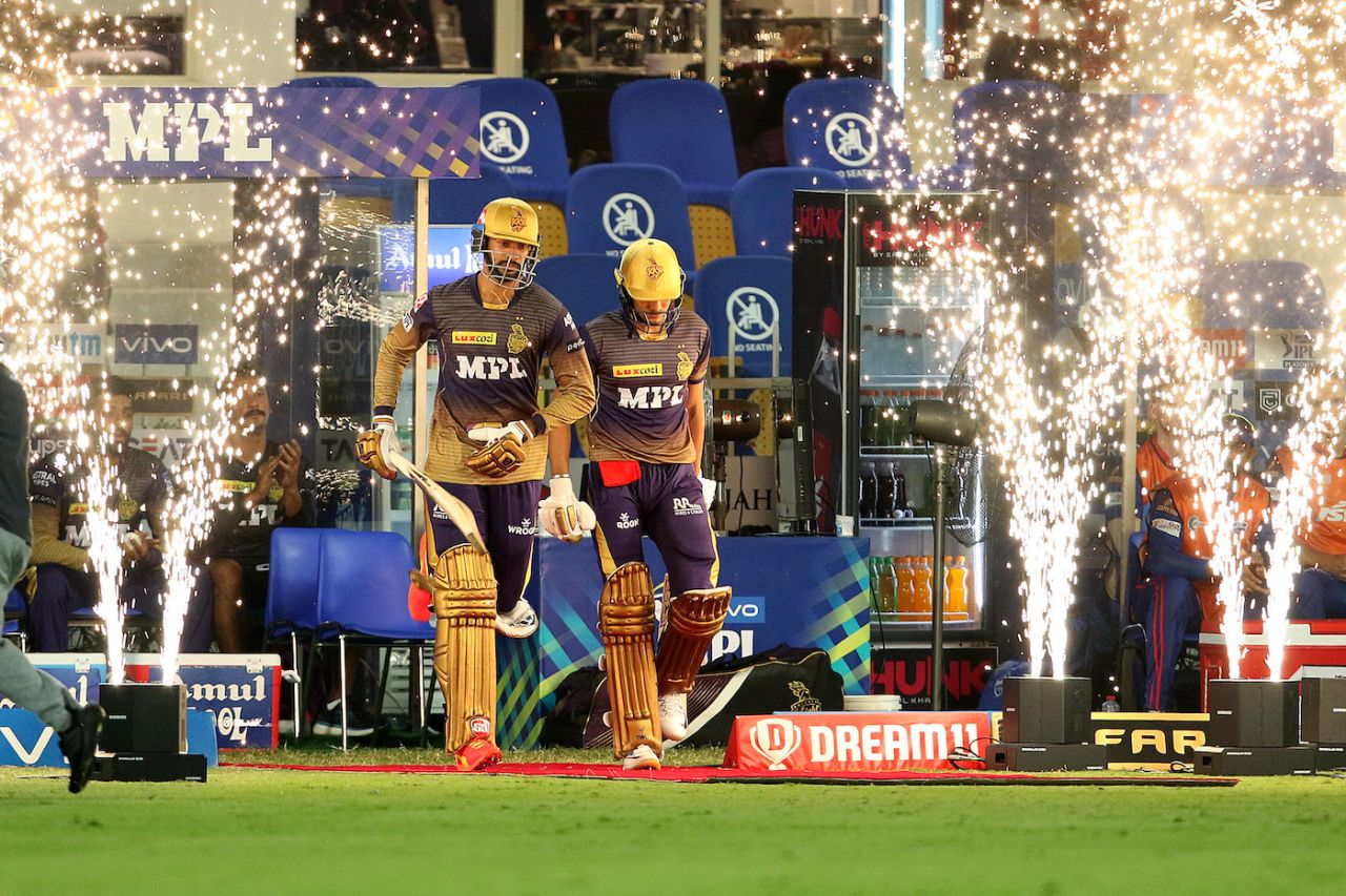 Shubman Gill and Venkatesh Iyer walk out to bat, Delhi Capitals vs Kolkata Knight Riders, IPL 2021 Qualifier 2, Sharjah, October 13, 2021