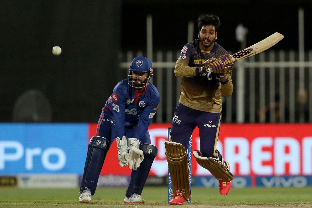 Venkatesh Iyer plays down the ground and takes off for a quick single, Delhi Capitals vs Kolkata Knight Riders, IPL 2021 Qualifier 2, Sharjah, October 13, 2021