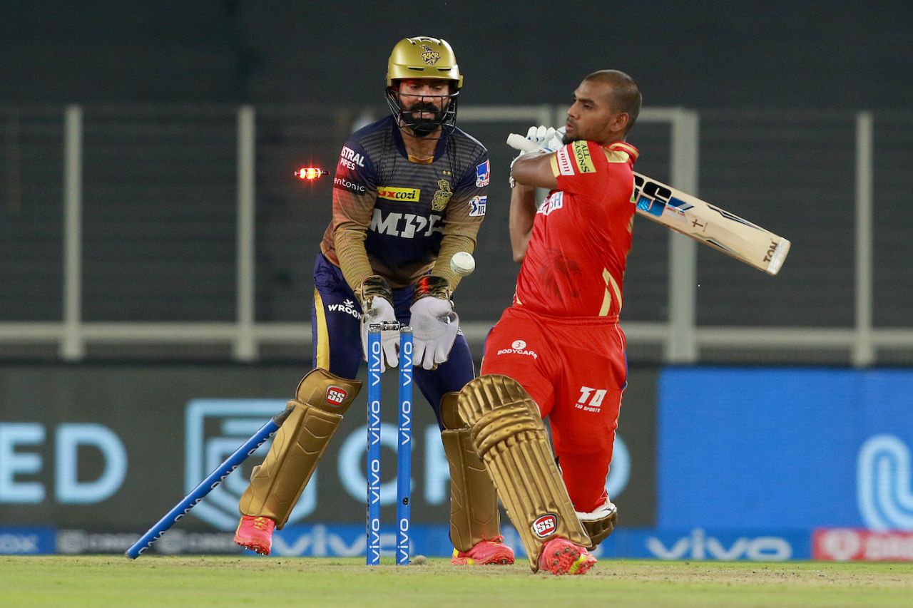 Nicholas Pooran loses his stumps, Ahmedabad, April 26, 2021