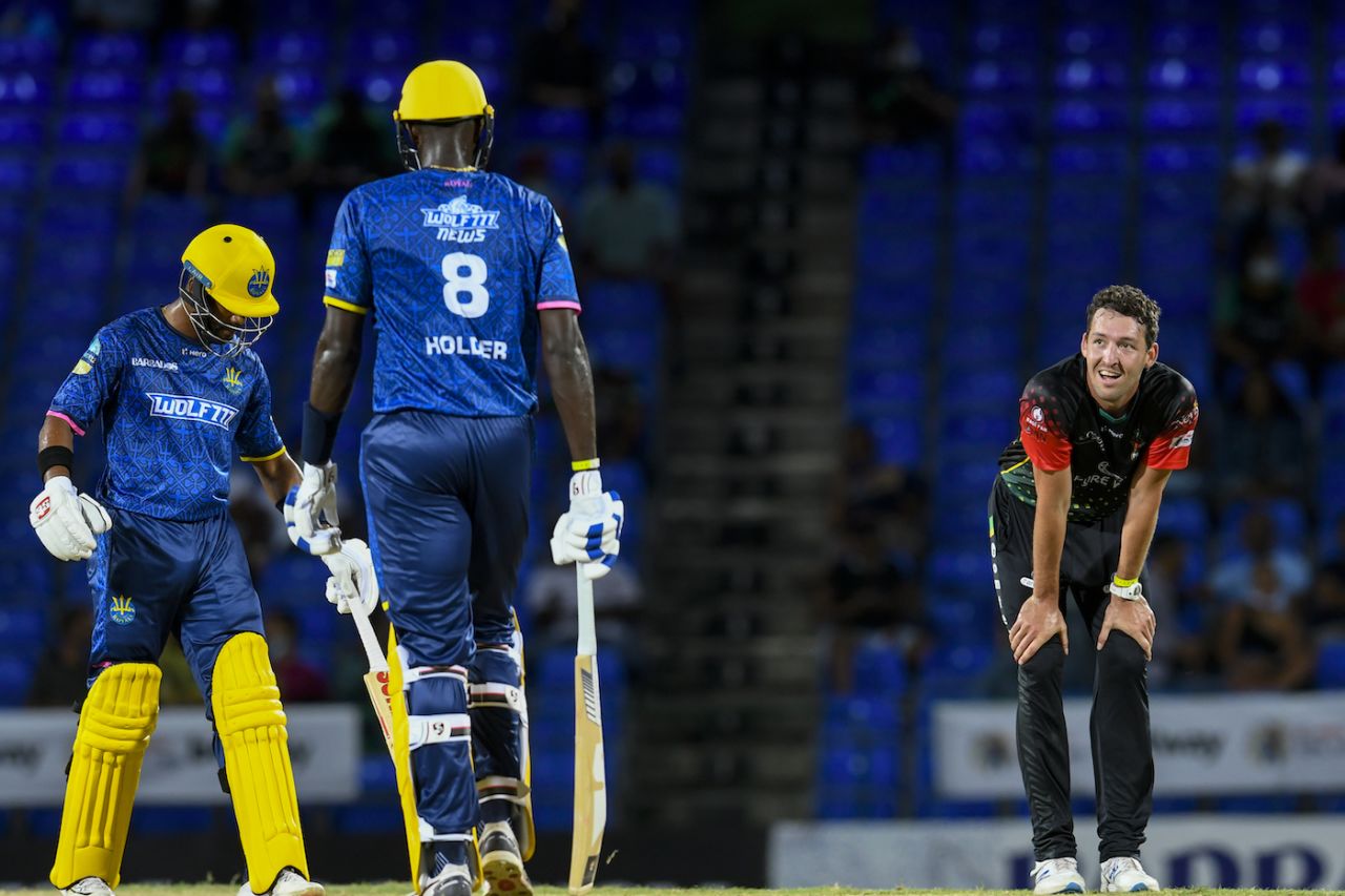 Paul van Meekeren smiles as Jason Holder gets runs, Barbados Royals vs St. Kitts & Nevis Patriots, CPL 2021, Basseterre, August 26, 2021