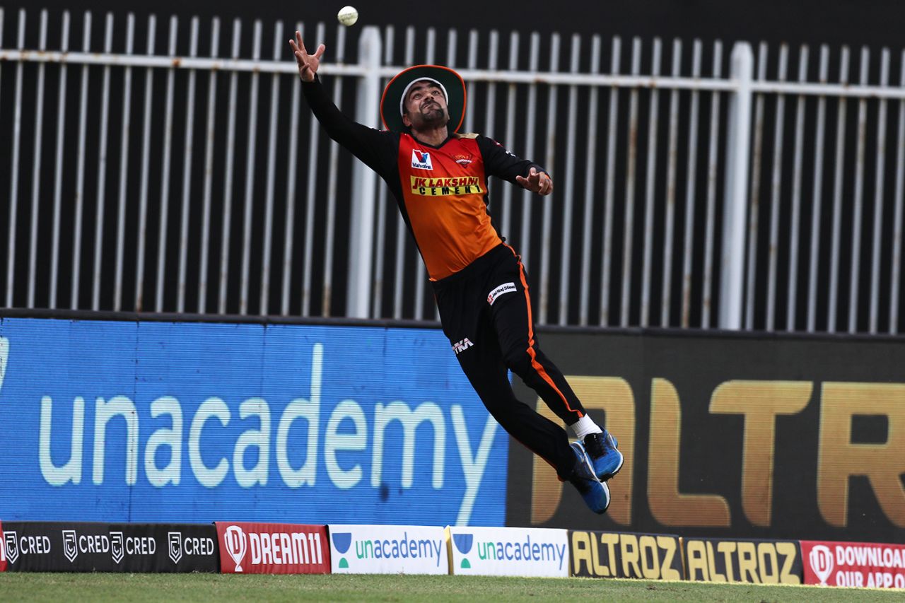 Rashid Khan jumps up to try to take a catch, Mumbai Indians vs Sunrisers Hyderabad, IPL 2020, Sharjah, October 4, 2020