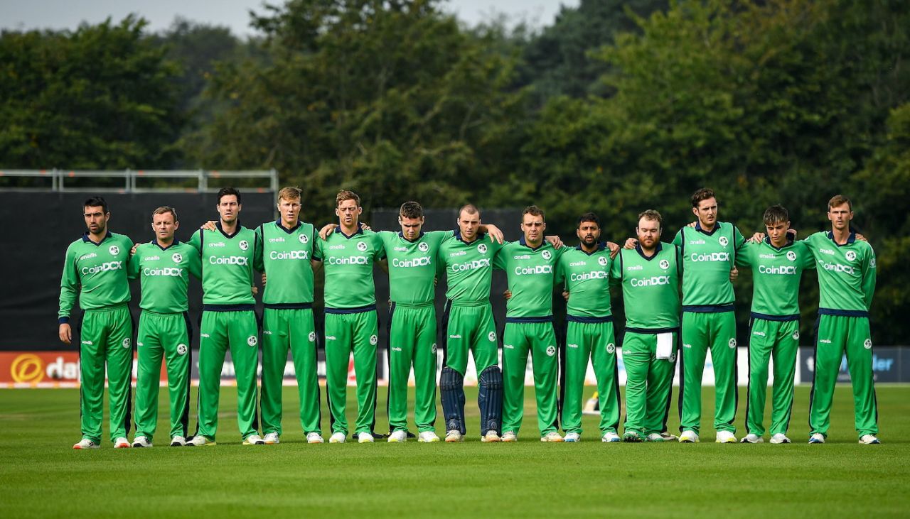The Ireland team lines up for the national anthem, Ireland vs Zimbabwe, 1st ODI, Belfast, September 8, 2021