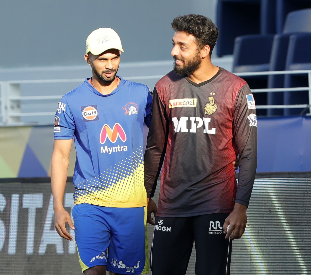 Ruturaj Gaikwad and Varun Chakravarthy, two of the Indian stars of the tournament, Chennai Super Kings vs Kolkata Knight Riders, IPL 2021 final, Dubai, October 15, 2021