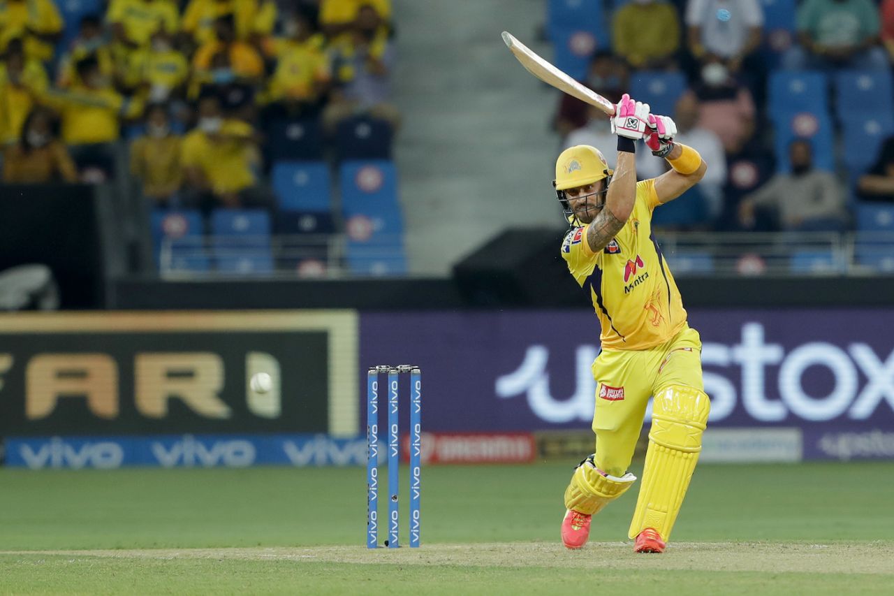 Faf du Plessis goes over the off side, Chennai Super Kings vs Kolkata Knight Riders, IPL 2021 final, Dubai, October 15, 2021