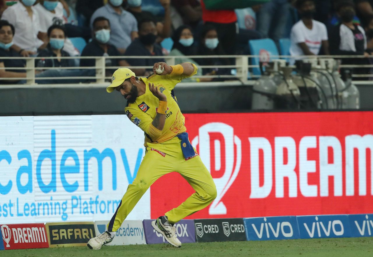 Ravindra Jadeja took a couple of sharp catches to put the skids on Knight Riders' progress, Chennai Super Kings vs Kolkata Knight Riders, IPL 2021 final, Dubai, October 15, 2021