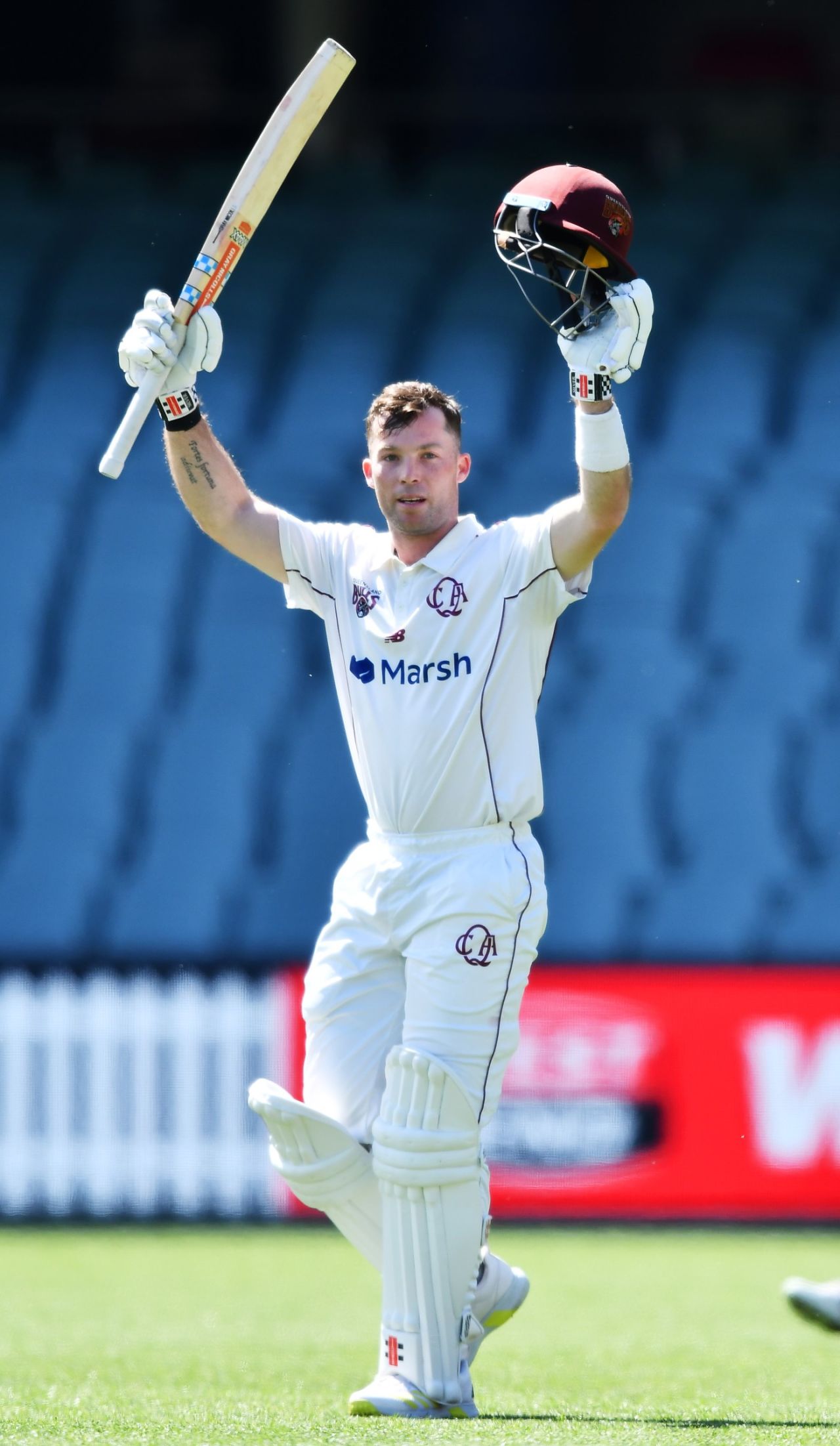 Jimmy Peirson celebrates his second century of the season, South Australia vs Queensland, Sheffield Shield, Adelaide Oval, October 18, 2021