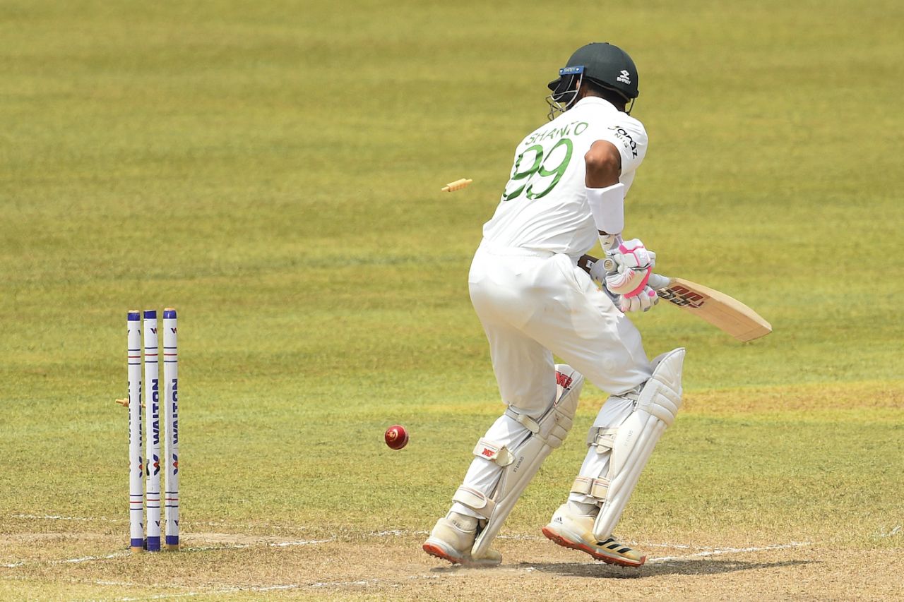 Najmul Hassan Shanto is bowled for a duck, Sri Lanka v Bangladesh, 1st Test, Pallekele, 5th day, April 25, 2021