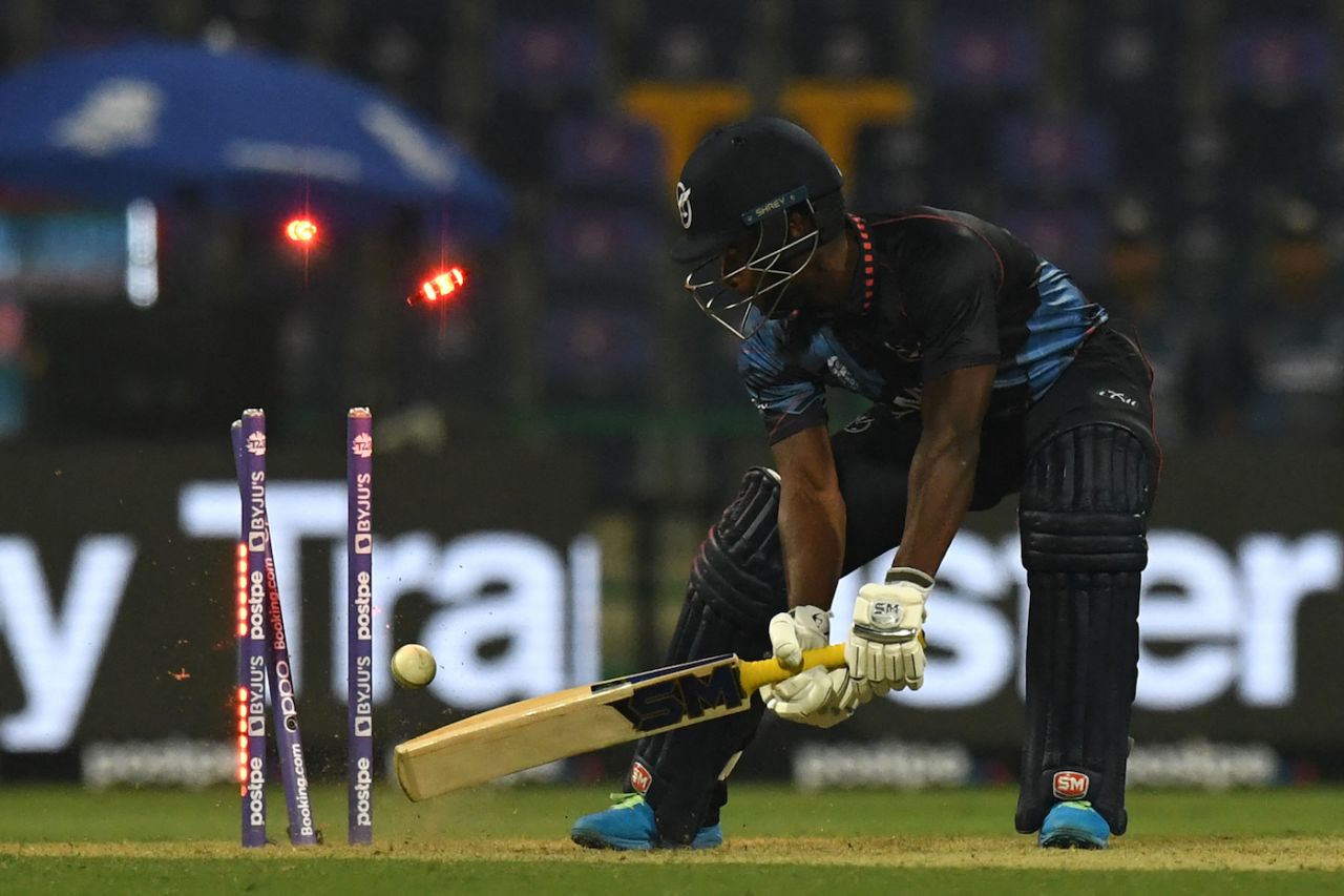 Pikky Ya France is clean bowled, Abu Dhabi, October 18, 2021