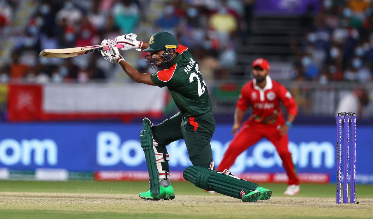 Mohammad Naim drives into the off side, Oman vs Bangladesh, T20 World Cup 2021, Al Amerat, October 19, 2021