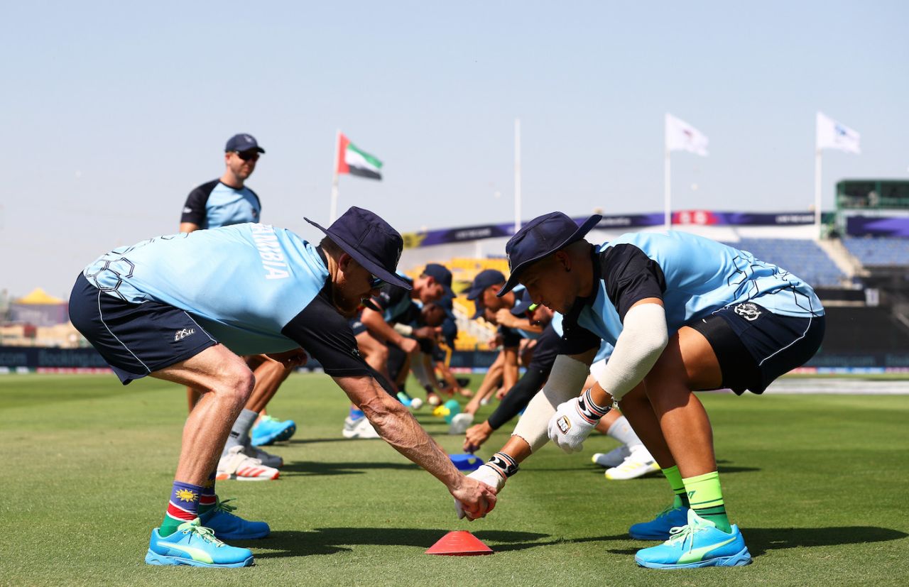 The Namibia players warm up, Namibia vs Netherlands, T20 World Cup, Abu Dhabi, October 20, 2021