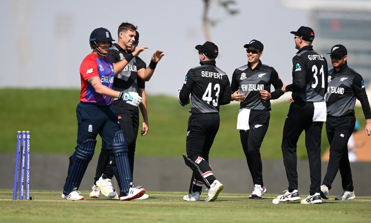 Jason Roy fell early to Tim Southee, England vs New Zealand, T20 World Cup warm-up game, Abu Dhabi, October 20, 2021