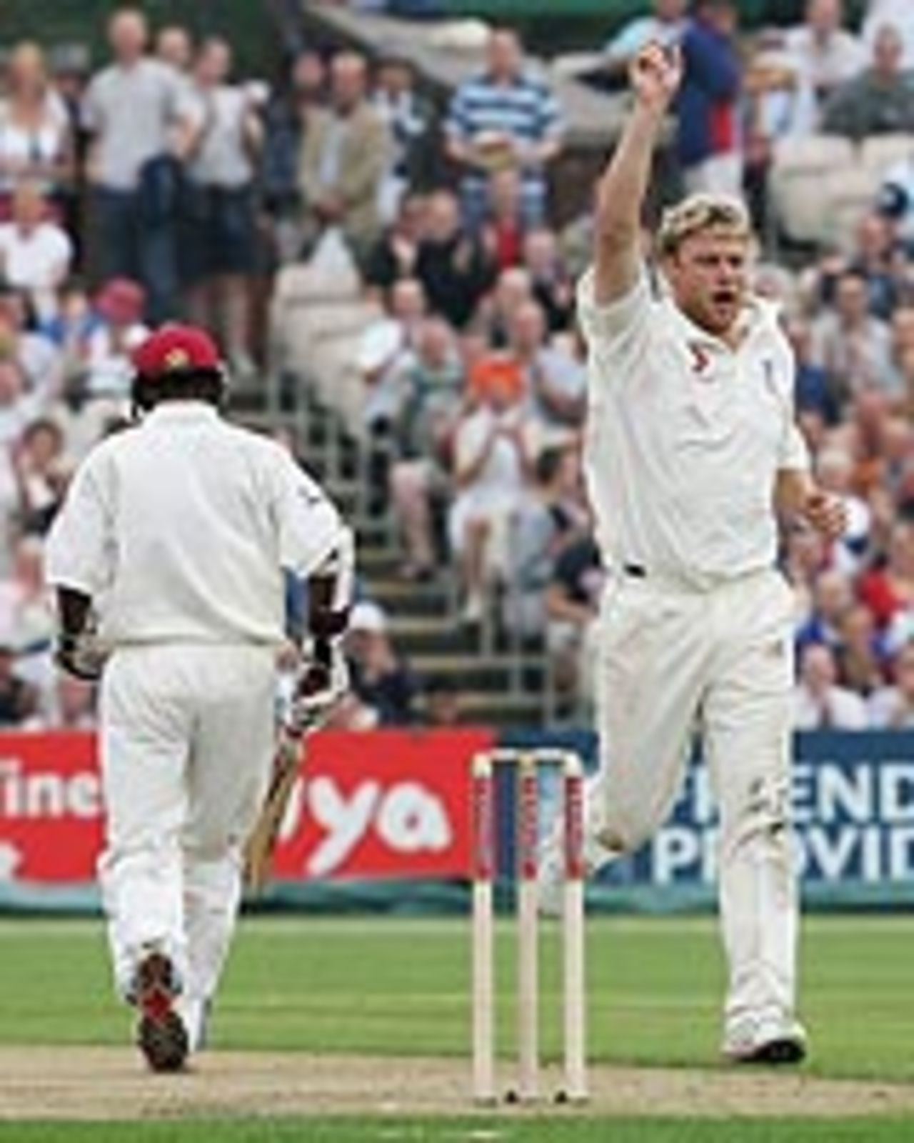 Andrew Flintoff makes the early breakthrough, England v West Indies, Old Trafford, August 14, 2004