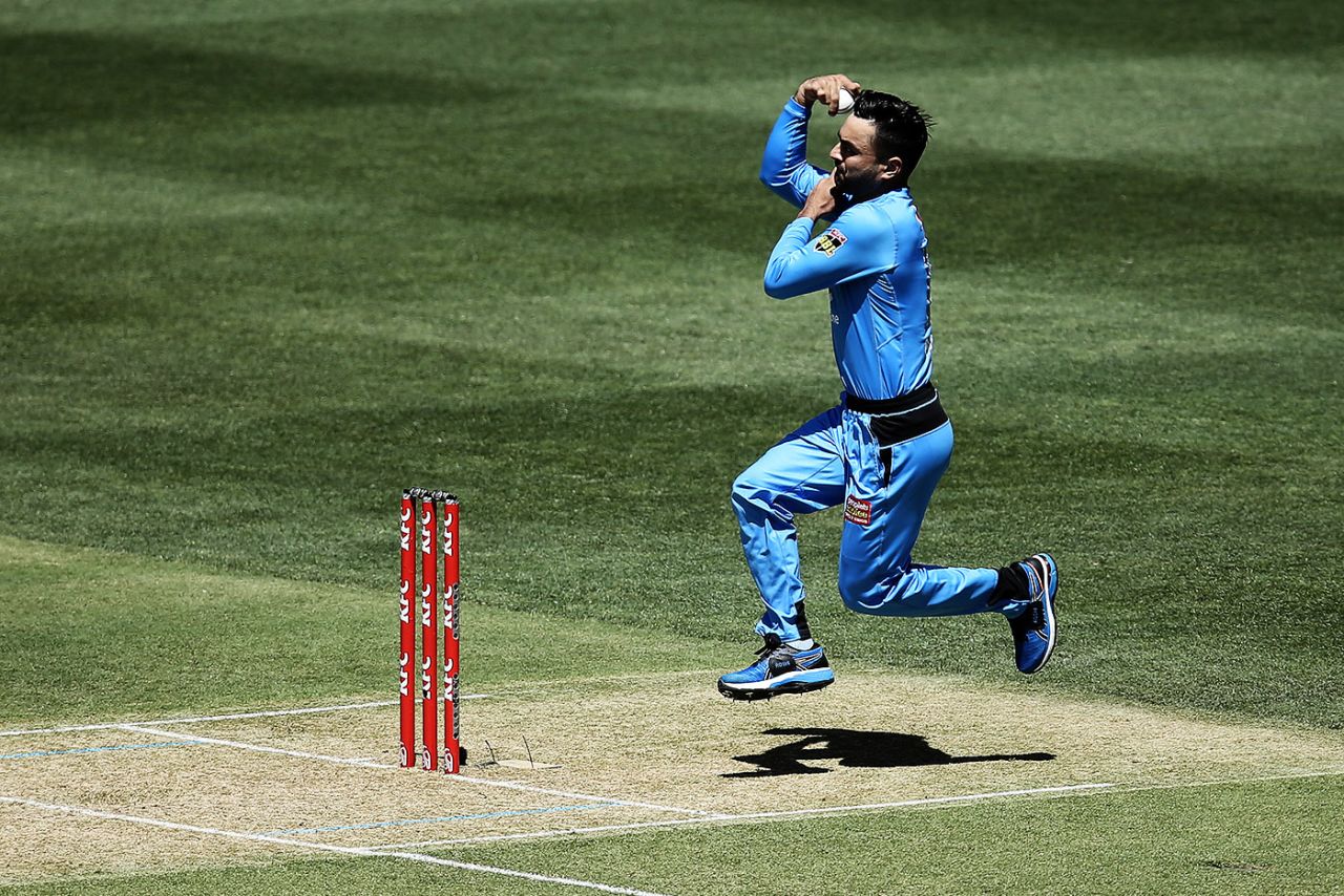 Rashid Khan bowls, Adelaide Strikers v Brisbane Heat, Big Bash League 2019-20, Adelaide, January 17, 2020