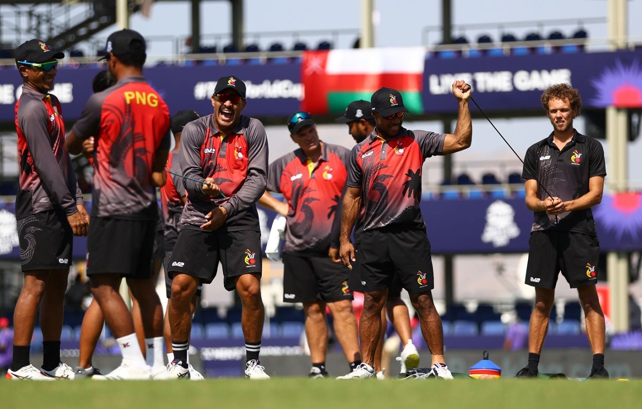 PNG players warm up ahead of the game against Bangladesh, Bangladesh vs PNG, T20 World Cup, Al Amerat, October 21, 2021