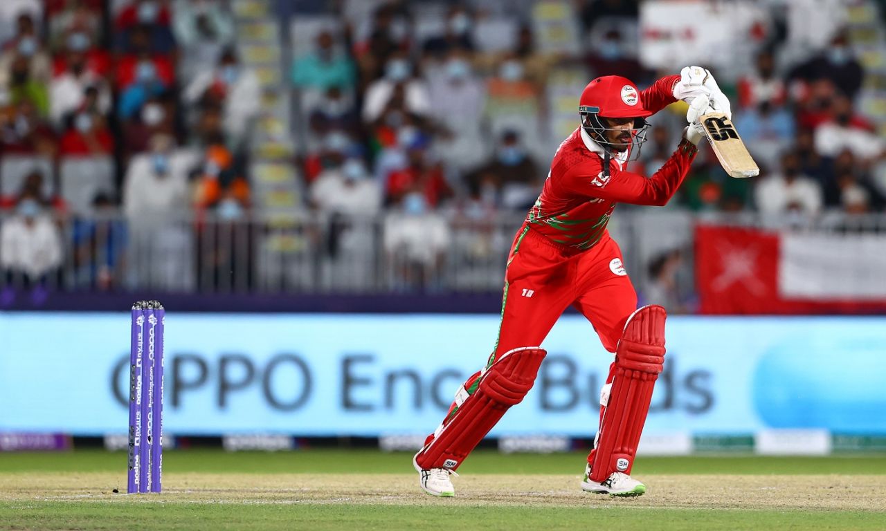 Aqib Ilyas drives down the ground, Oman vs Scotland, T20 World Cup, Muscat, October 21, 2021