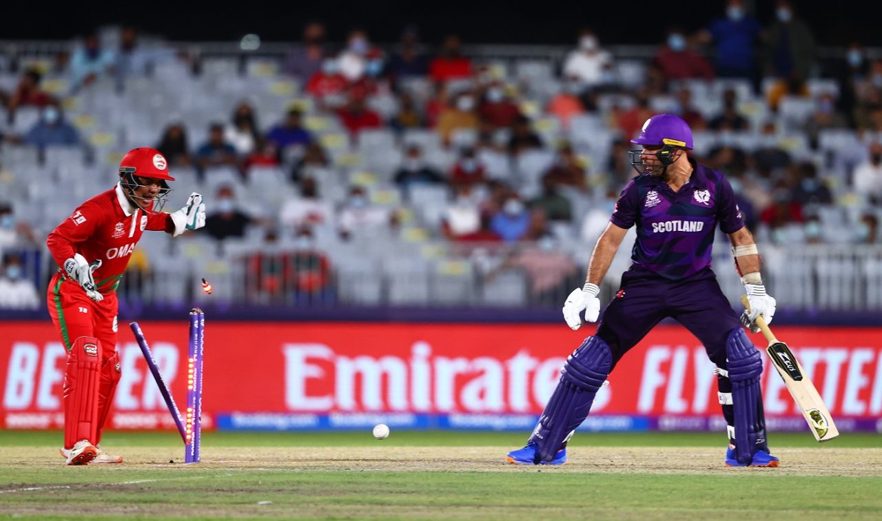 It is not a pretty sight for Kyle Coetzer, with his stumps shattered behind, Oman vs Scotland, T20 World Cup, Muscat, October 21, 2021