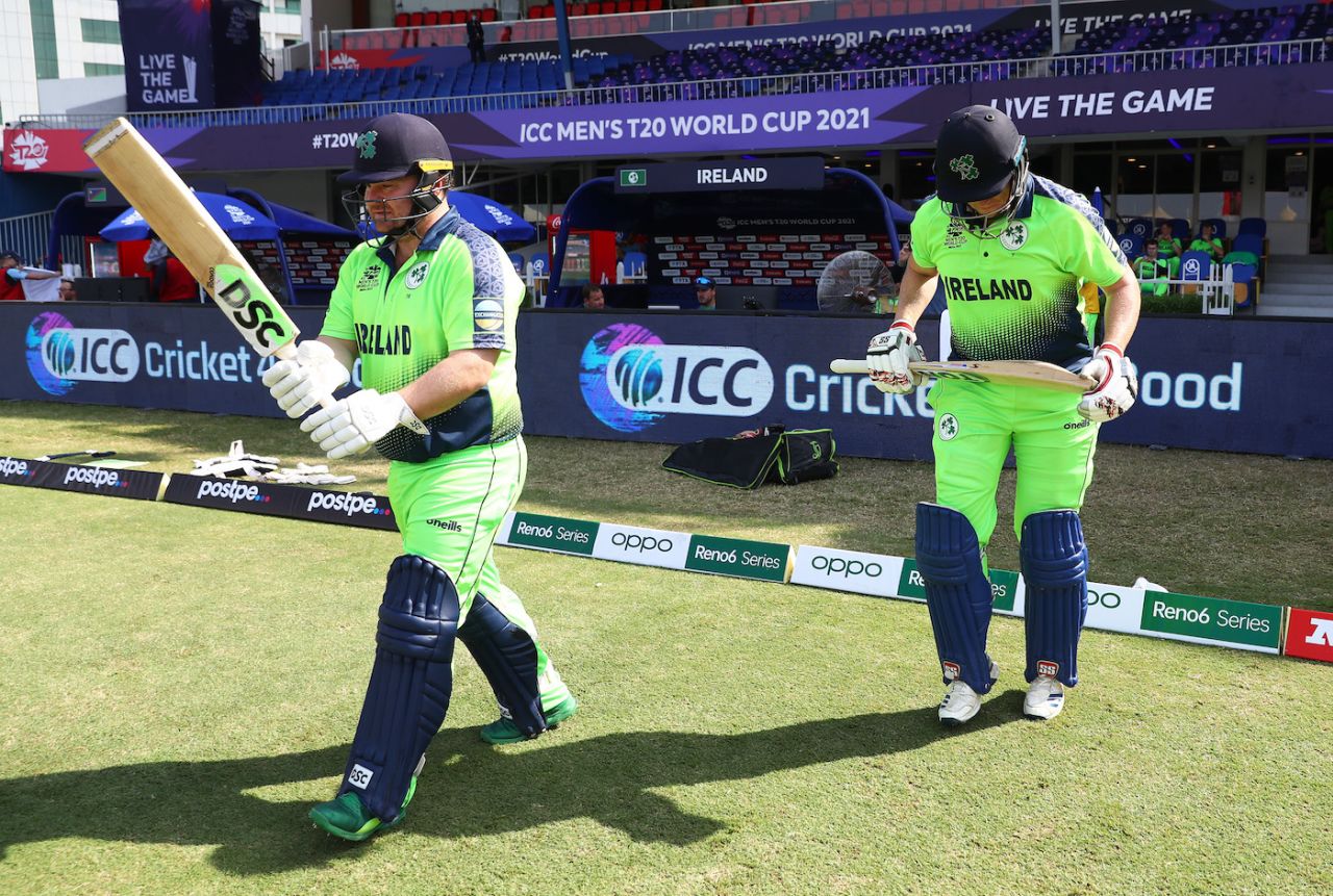 Paul Stirling and Kevin O'Brien walk out to bat, Ireland vs Namibia, T20 World Cup, Sharjah, October 22, 2021