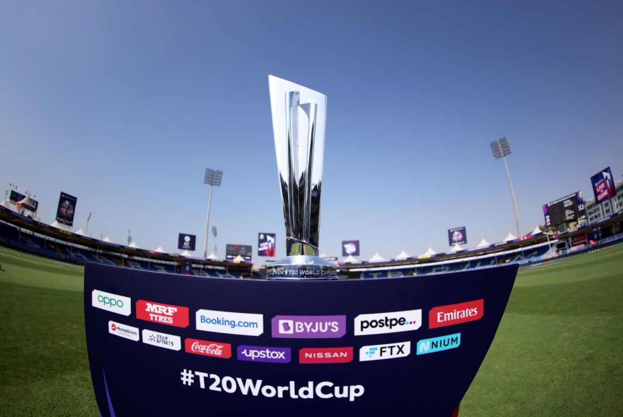 What the teams are sweating it out for in the UAE and Oman: the Men's T20 World Cup trophy, gleaming in the Sharjah sunshine, Ireland vs Namibia, T20 World Cup, Sharjah, October 22, 2021