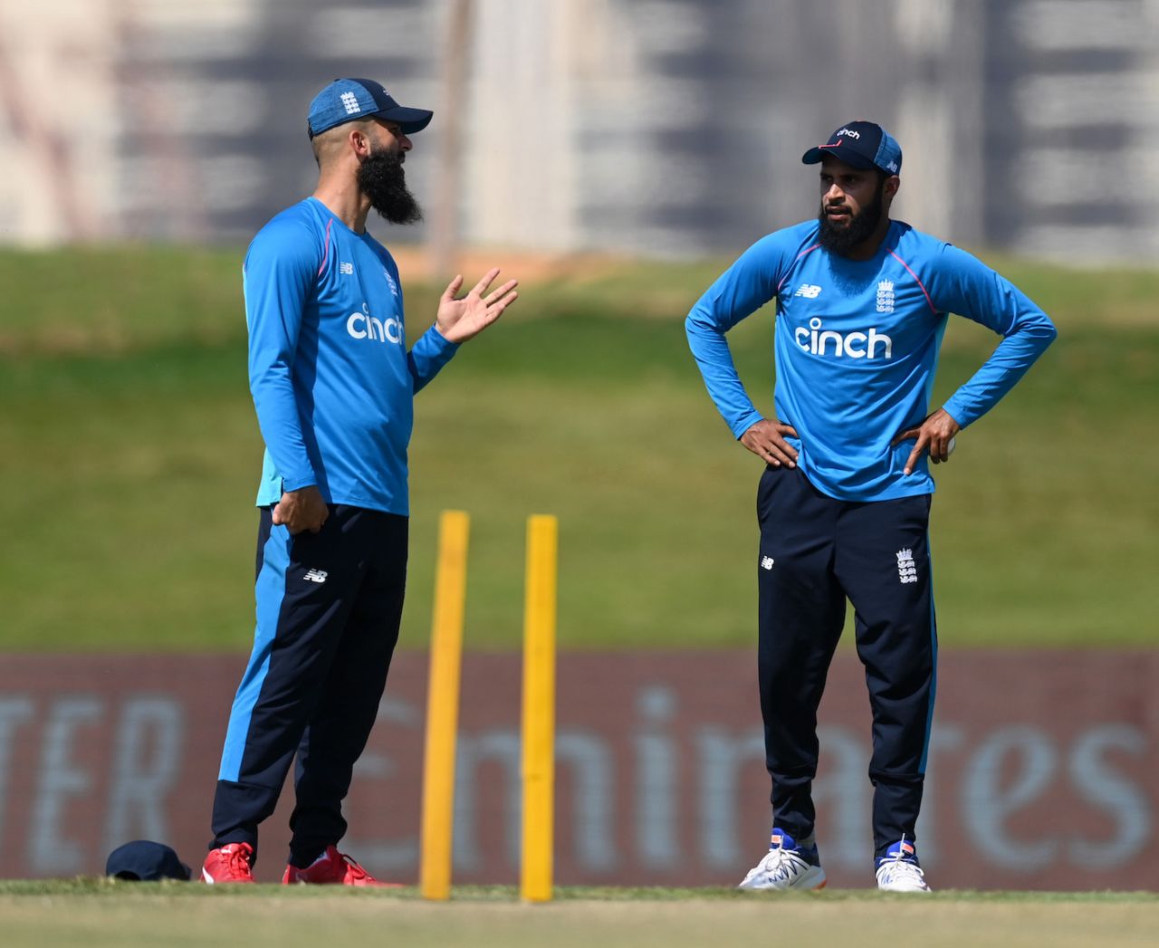 Moeen Ali and Adil Rashid talk during a training session, Abu Dhabi, October 20, 2021