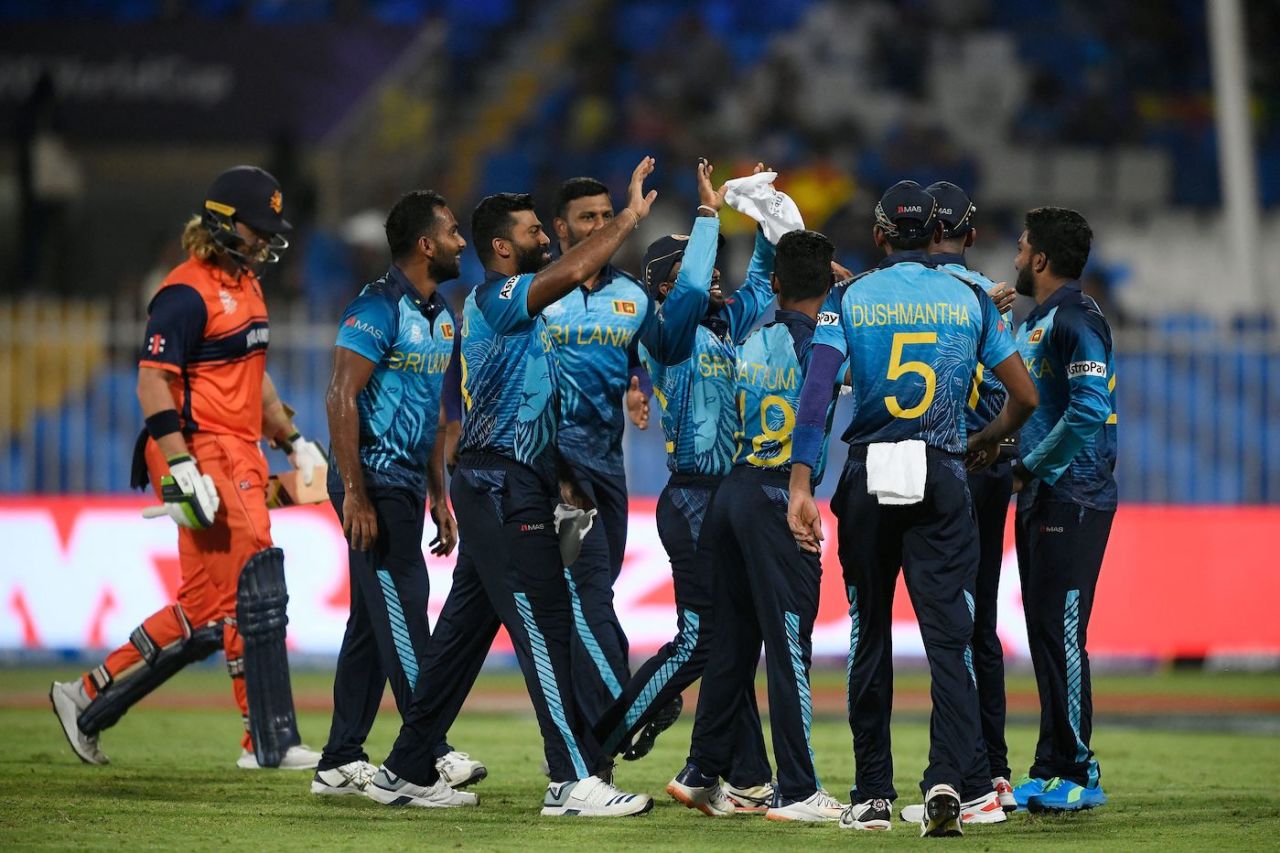 Sri Lanka celebrate the dismissal of Max O'Dowd, Netherlands vs Sri Lanka, T20 World Cup, Sharjah, October 22, 2021