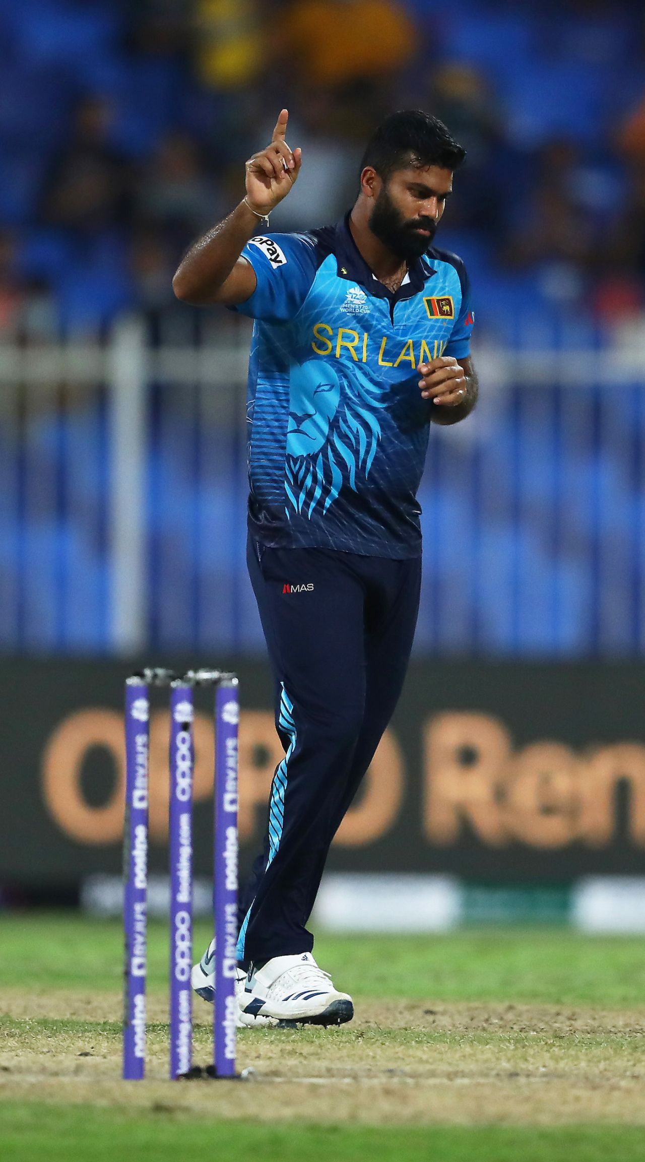 Lahiru Kumara celebrates the wicket of Scott Edwards, Netherlands vs Sri Lanka, T20 World Cup, Sharjah, October 22, 2021