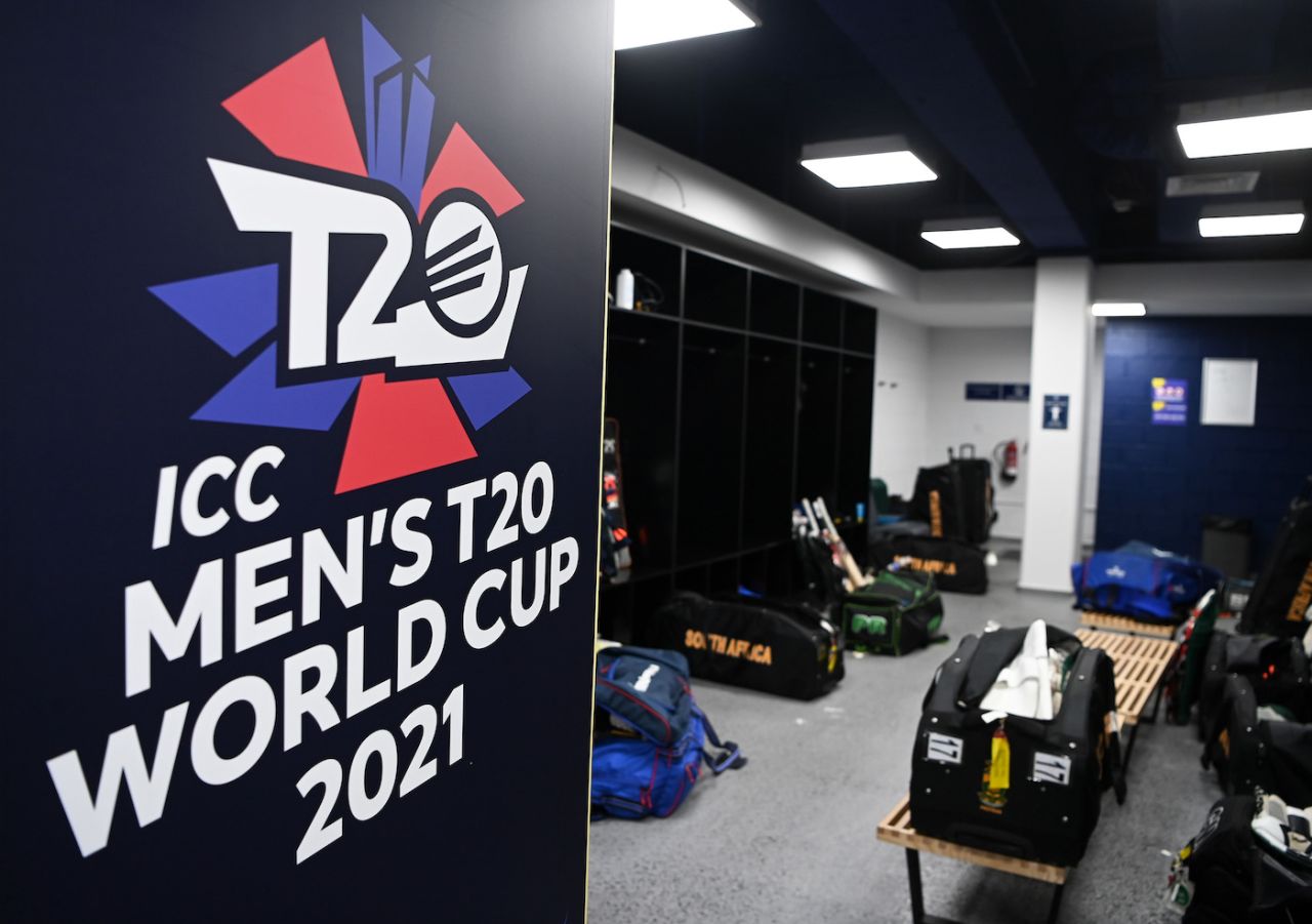 The T20 World Cup logo looms large in the South African dressing room ahead of the match, Australia vs South Africa, T20 World Cup 2021, Group 1, Abu Dhabi, October 23, 2021