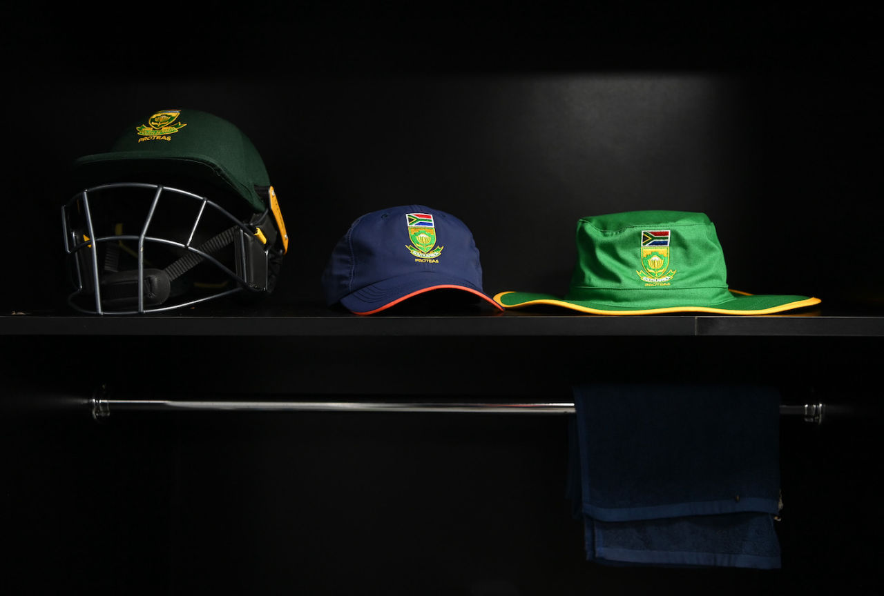 The South African helmet, cap and hat sit in the dressing room, Australia vs South Africa, T20 World Cup 2021, Group 1, Abu Dhabi, October 23, 2021