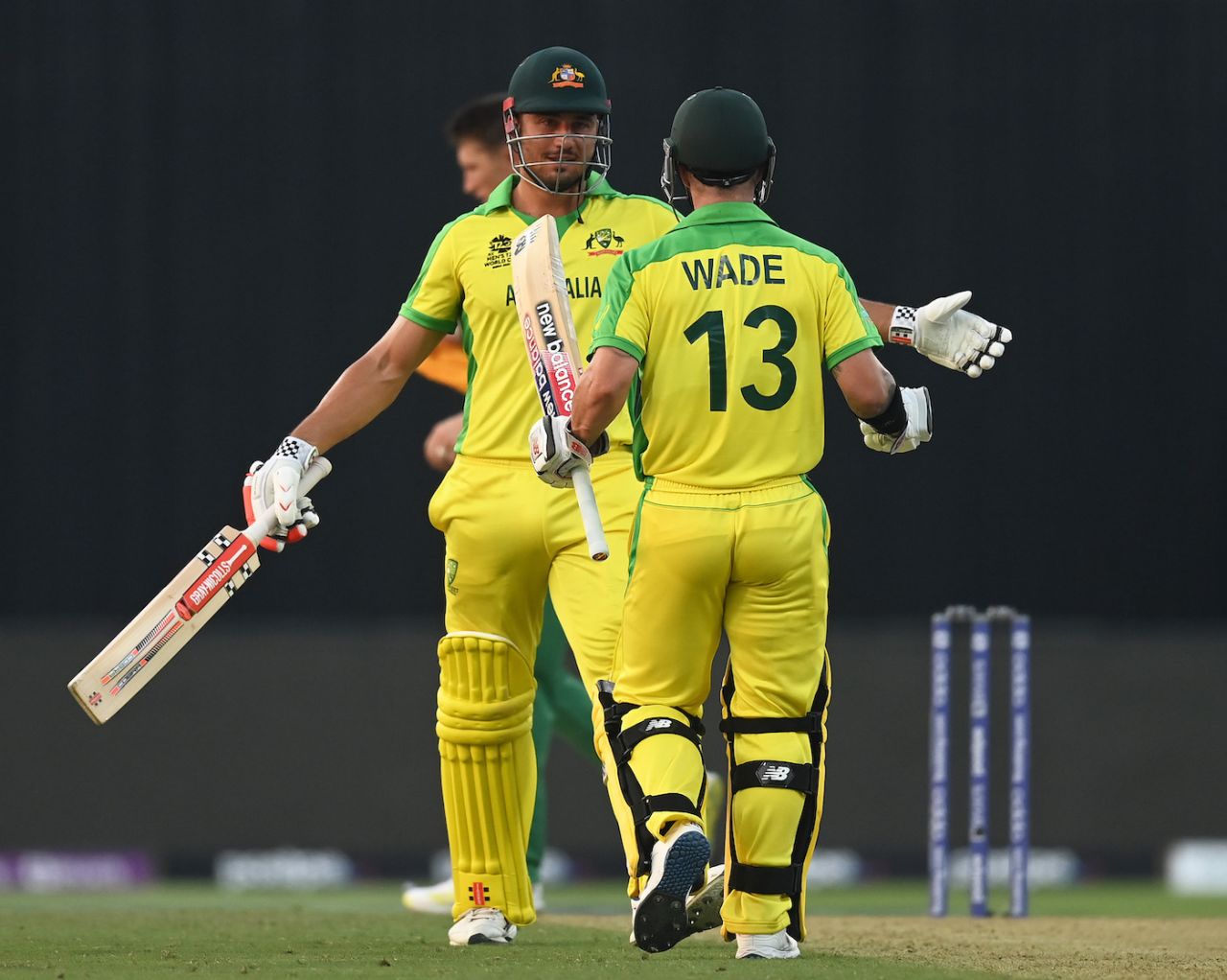 Marcus Stoinis and Matthew Wade celebrate after the winning runs were scored, Australia vs South Africa, T20 World Cup, Abu Dhabi, October 23, 2021