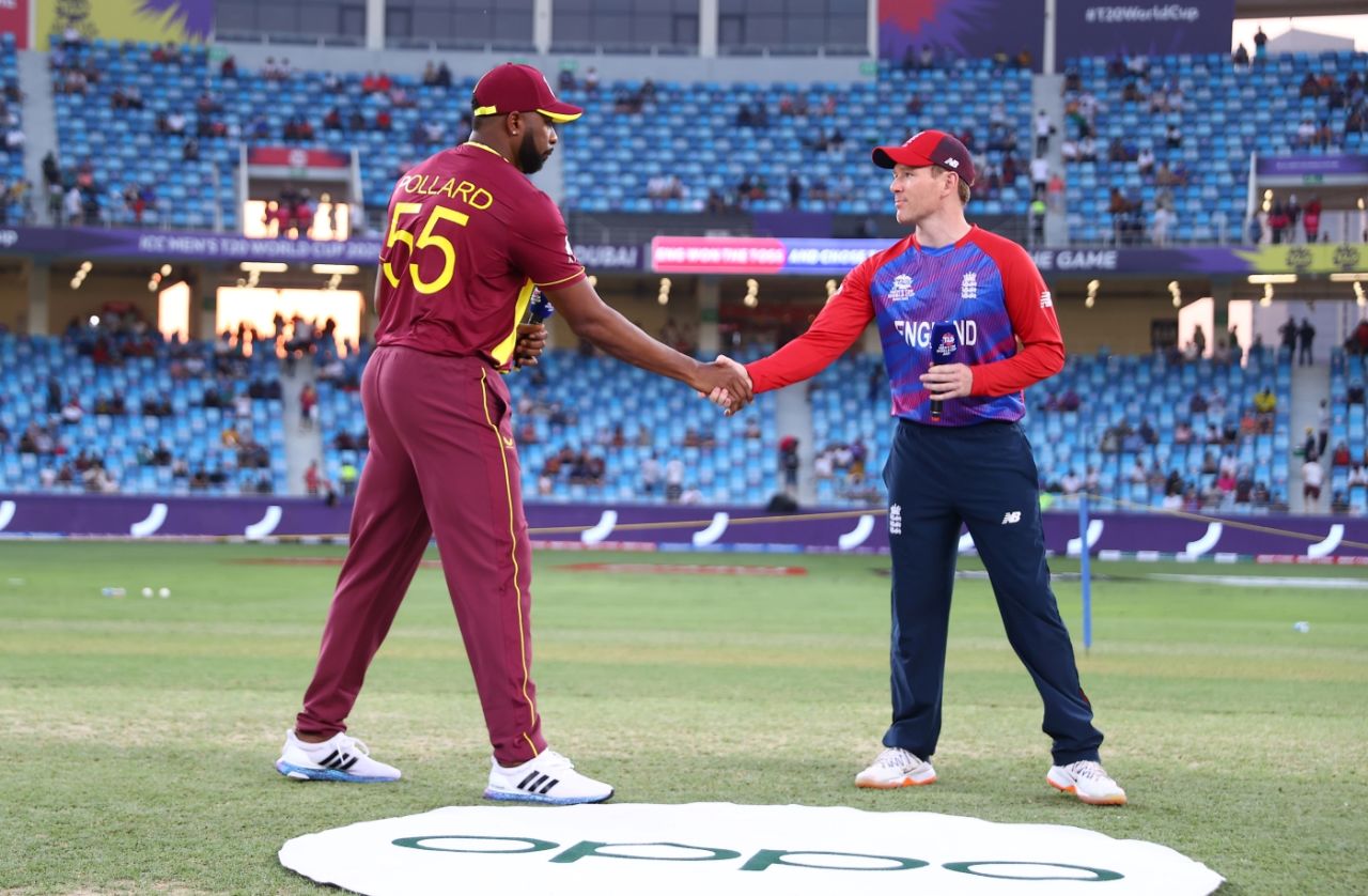 Kieron Pollard and Eoin Morgan meet up for the toss, England vs West Indies, Men's T20 World Cup 2021, Super 12s, Dubai, October 23, 2021