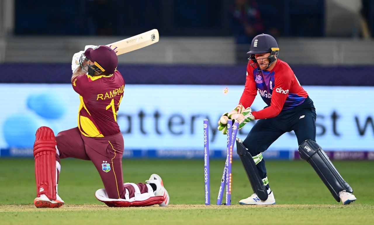 Ravi Rampaul is bowled and with that West Indies fold for 55, England vs West Indies, Men's T20 World Cup 2021, Super 12s, Dubai, October 23, 2021